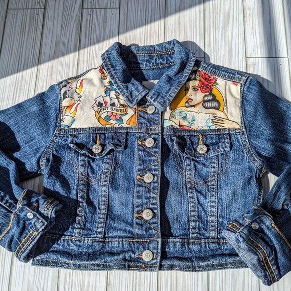 Tattoo Flash Forever Custom Made Denim Jean Jacket in Blue and Cream Size 6 - Picture 3 of 9